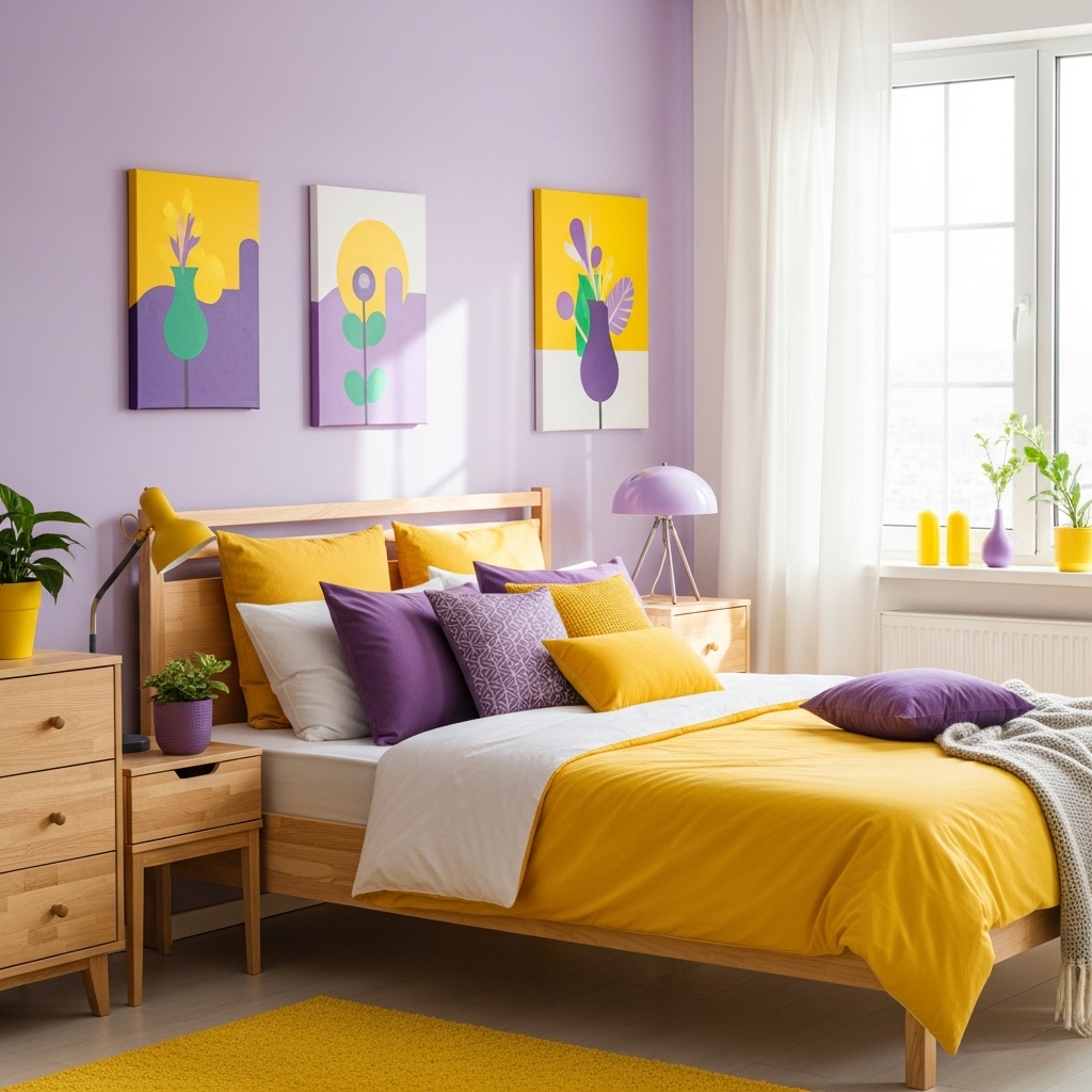 14 Purple Bedroom Ideas with Stylish Charm 10 Yellow and Purple Bedroom with Playful Contrast