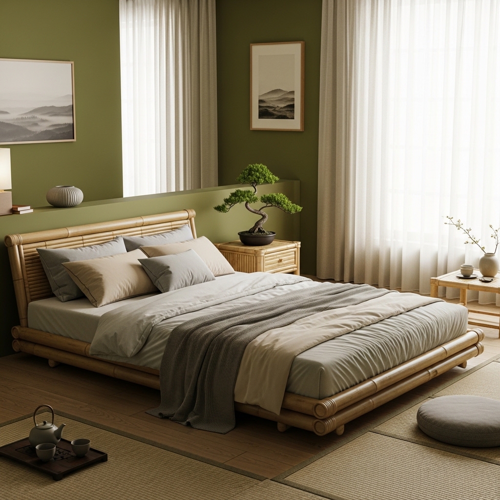  Zen Serenity Bedroom with Olive Green Walls and Bamboo Décor