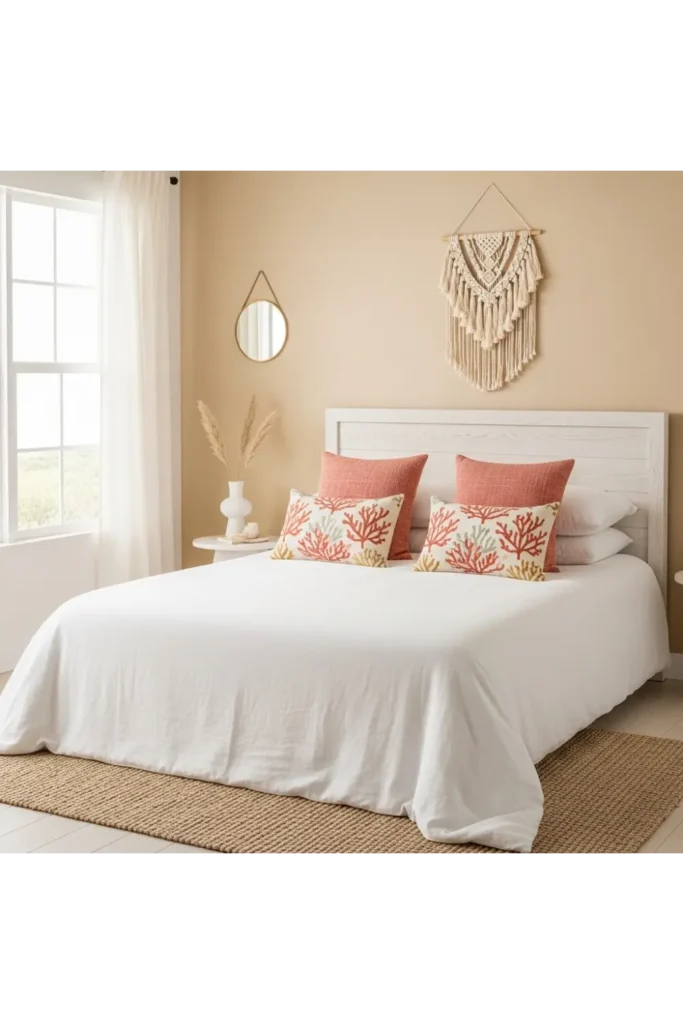 21 Boho Coastal Bedroom Ideas That Capture the Spirit of Coastal Bohemia 8 boho coastal bedroom with coral accent pillow